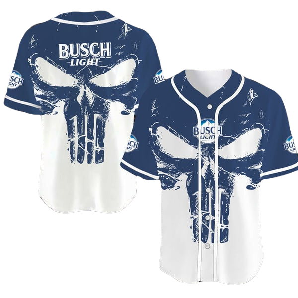 Busch Light Baseball Jersey Retro Punisher Skull Busch Light Jersey Shirt White Blue Unisex Adult New Release