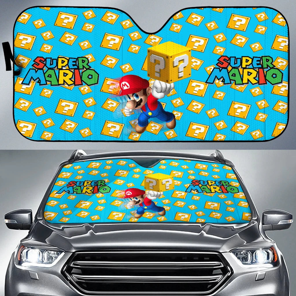 Mario Car Sun Shade Super Mario Question Box Pattern Winshield Sun Shade Blue Yellow