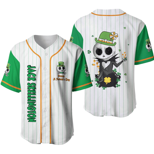 TNBC Baseball Jersey Patrick's Day Jack Skellington Jersey Shirt White Green Unisex Adult