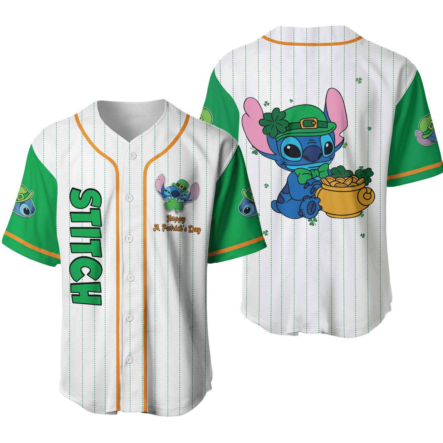 Stitch Baseball Jersey Patrick's Day Stitch Jersey Shirt White Green Unisex Adult New Release