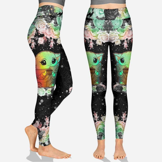 SW Leggings Baby Yoda Graphic Rose Pattern High Waisted Legging Black Green For Women