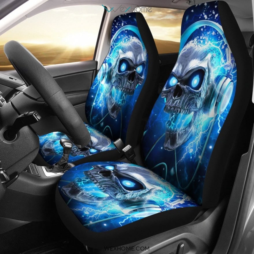 Skull Car Seat Covers Skull Listening Music Graphic Seat Covers Blue