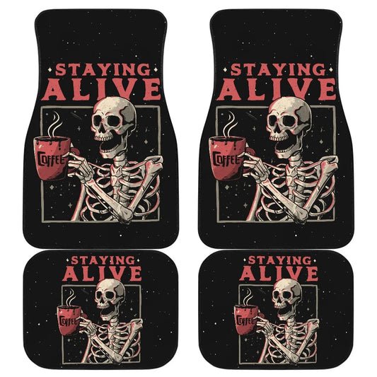 Halloween Car Mats Staying Alive Skeleton Drinking Coffee Car Floor Mats Black Red