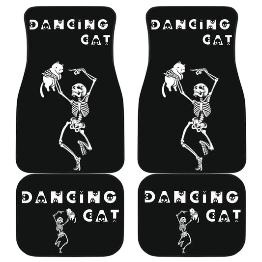 Halloween Car Mats Dancing Skeleton Holding Fat Cat Car Floor Mats Black White