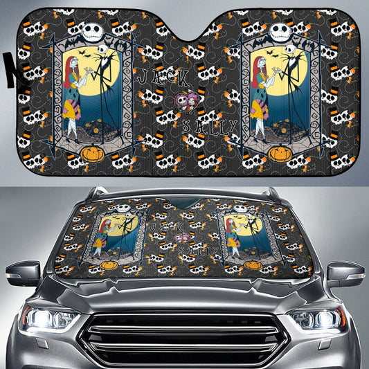 TNBC Car Sun Shade Jack And Sally Couple Patterns Winshield Sun Shade Black Orange