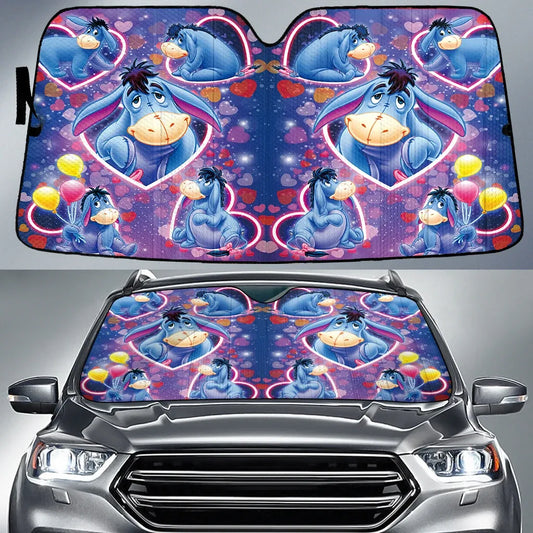 WTP Car Sun Shade Eeyore All Poses Heart Pattern Winshield Sun Shade Blue Pink