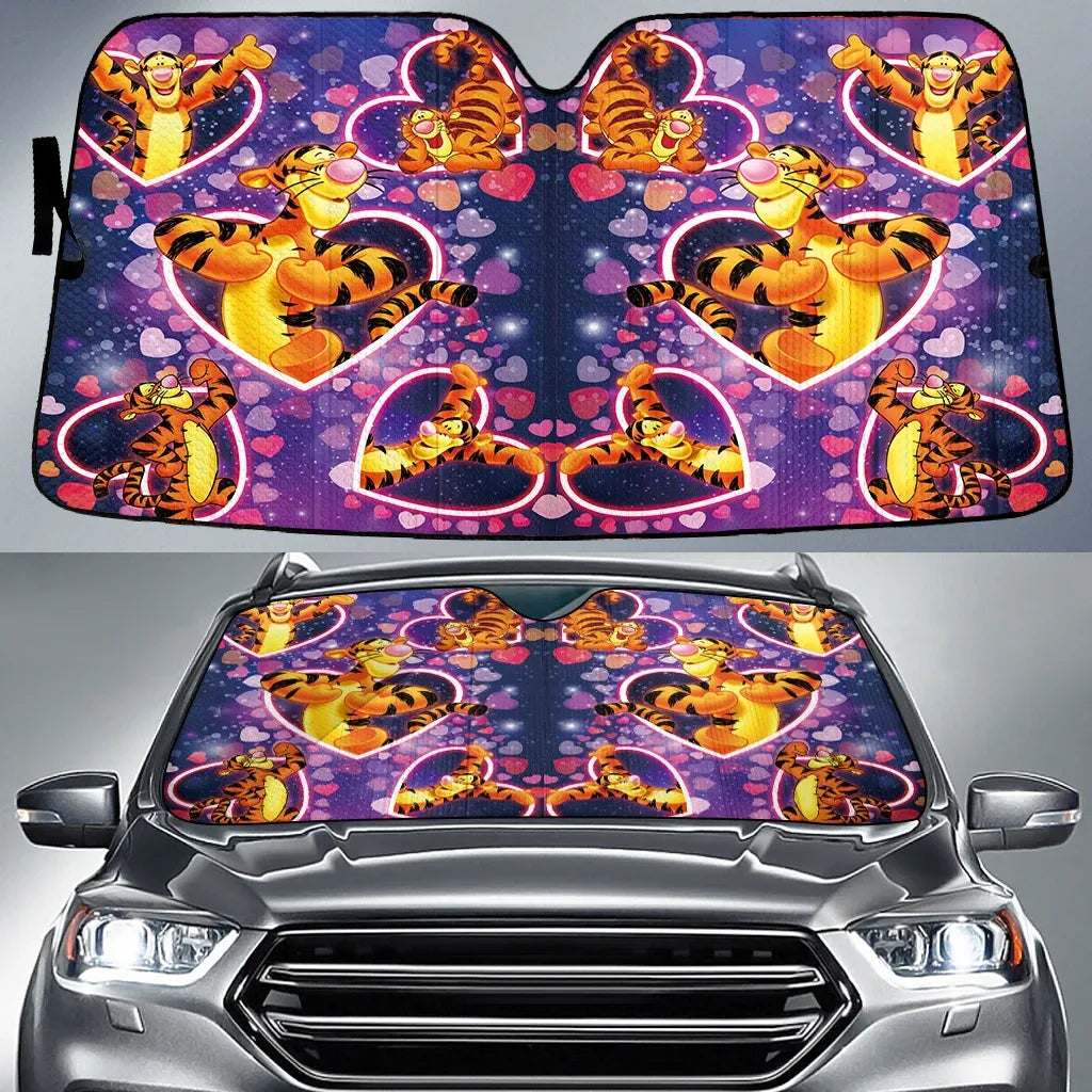 WTP Car Sun Shade Tigger All Poses Heart Pattern Winshield Sun Shade Orange Pink