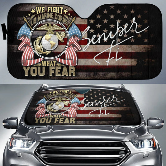 Veteran Car Sun Shade US Marine Corps We Fight What You Fear Winshield Sun Shade Brown Black