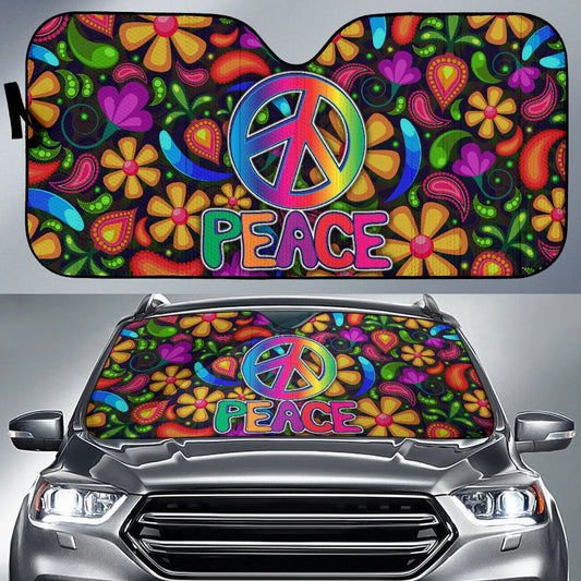 Hippie Car Sun Shade Hippie Peace Symbol Flower Pattern Winshield Sun Shade Colorful