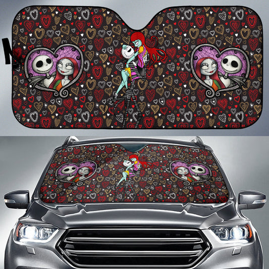 TNBC Car Sun Shade Jack And Sally Valentine Winshield Sun Shade Black Red