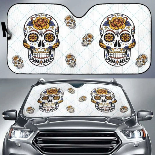 Skull Car Sun Shade Sugar Skull Rose Sunflower Pattern Winshield Sun Shade White Yellow