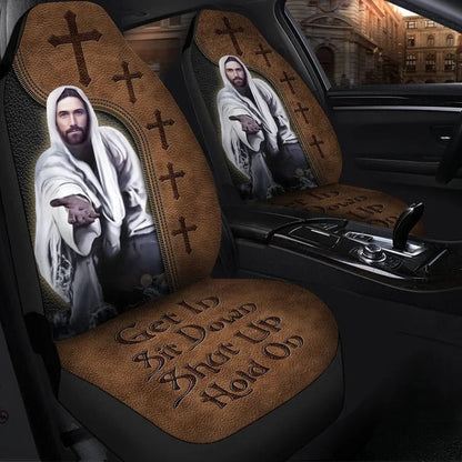 Jesus Car Seat Covers Jesus Get In Sit Down Hold On Seat Covers Brown