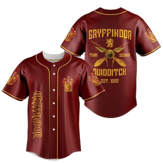 HP Jersey HP Gryffindor Quidditch Team Seeker Est 1092 Red Jersey Shirt HP Baseball Jersey