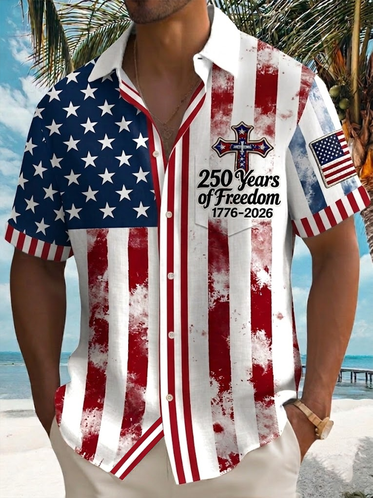 Alohadaddy® Men's Holiday Patriotic 250 Years of Freedom 1776-2026 Christian Cross Stars Stripes Retro Print Button Down Short-Sleeve Big & Tall