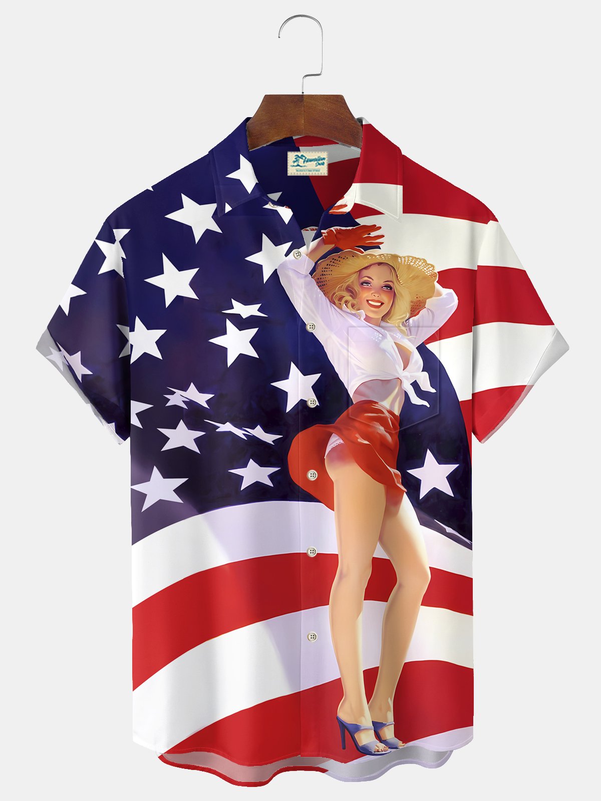 Alohadaddy® Vintage Flag Girl Print Men's Casual Stylish Button Pocket Hawaiian Summer Shirts Short Sleeve Shirt Big Tall