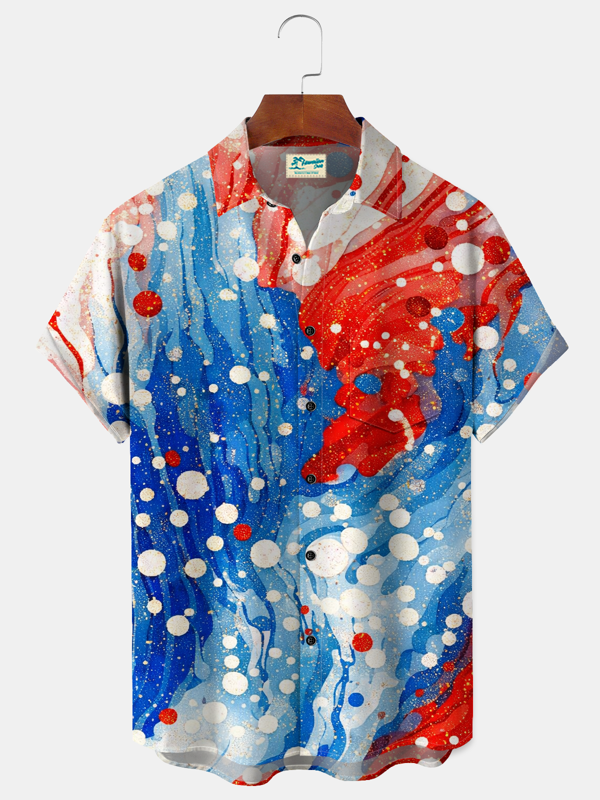 Alohadaddy® Men's Holiday Abstract Art Red Blue Flag Distorted Gradient Gold Foil Print Retro Short-Sleeve Shirt Big & Tall