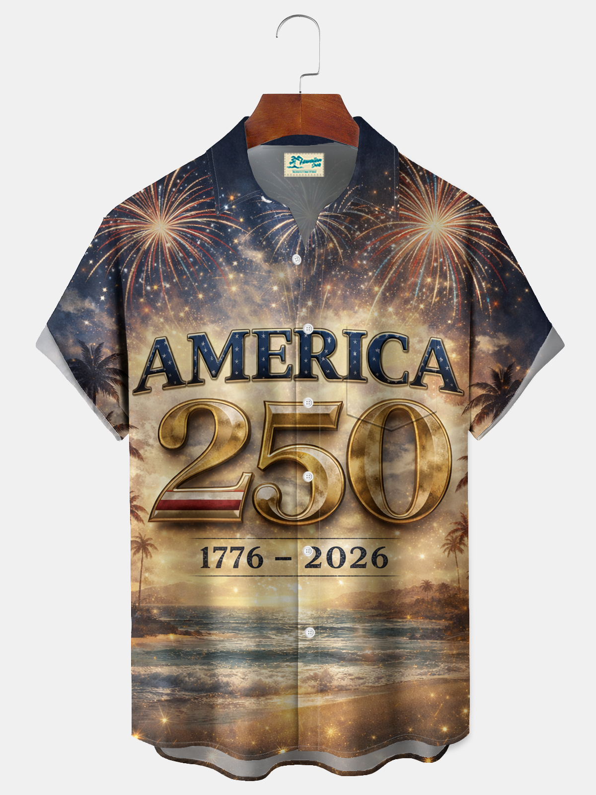 Alohadaddy® Men's Holiday 250th Anniversary Fireworks Beach Illustration Retro Print Hawaii Shirt Button Down Short-Sleeve Big & Tall