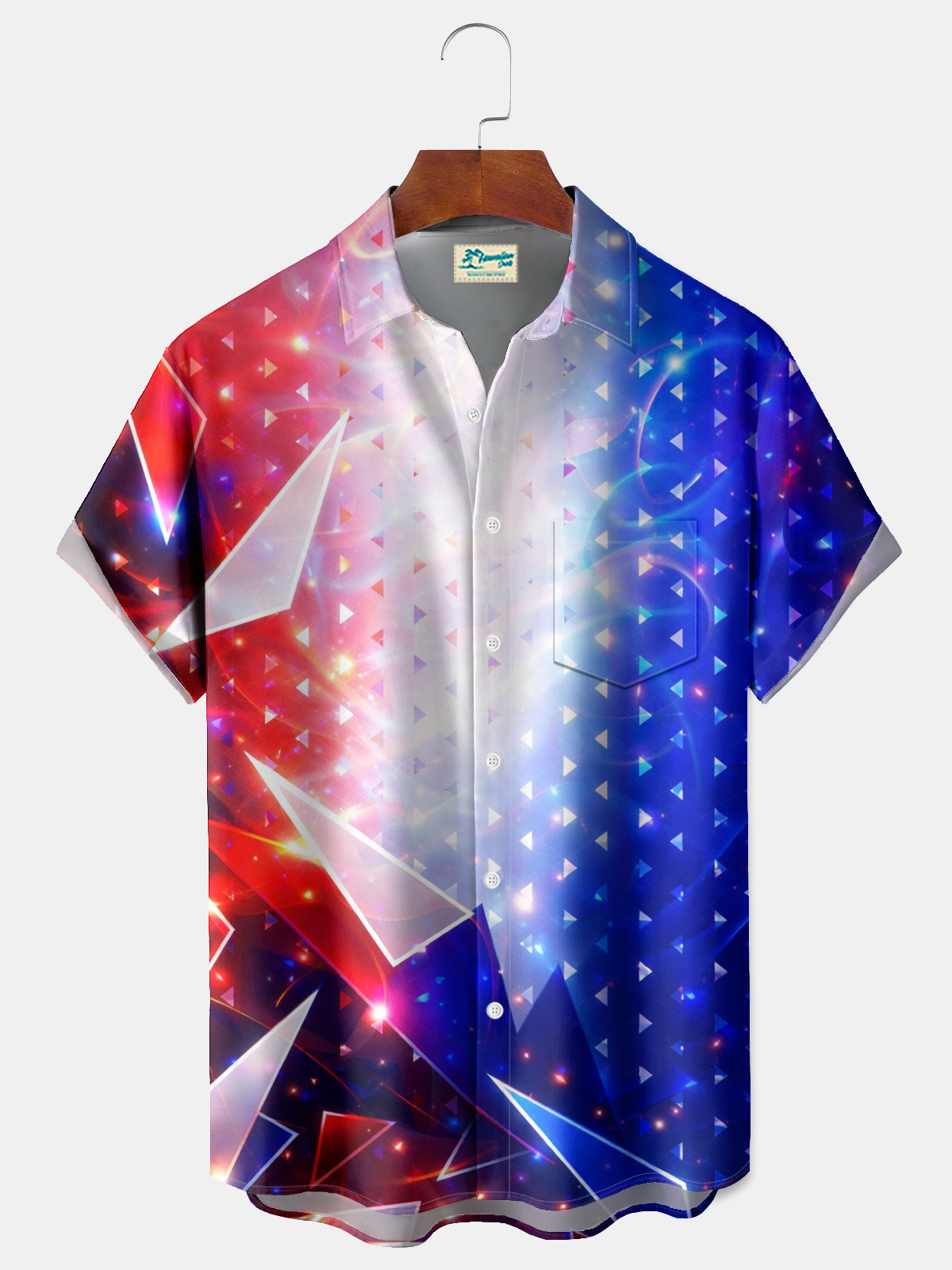 Alohadaddy® Men's Holiday Patriotic American Flag Abstract Geometric Glowing Triangle Sci-Fi Light Retro Print Button Down Short-Sleeve Big & Tall