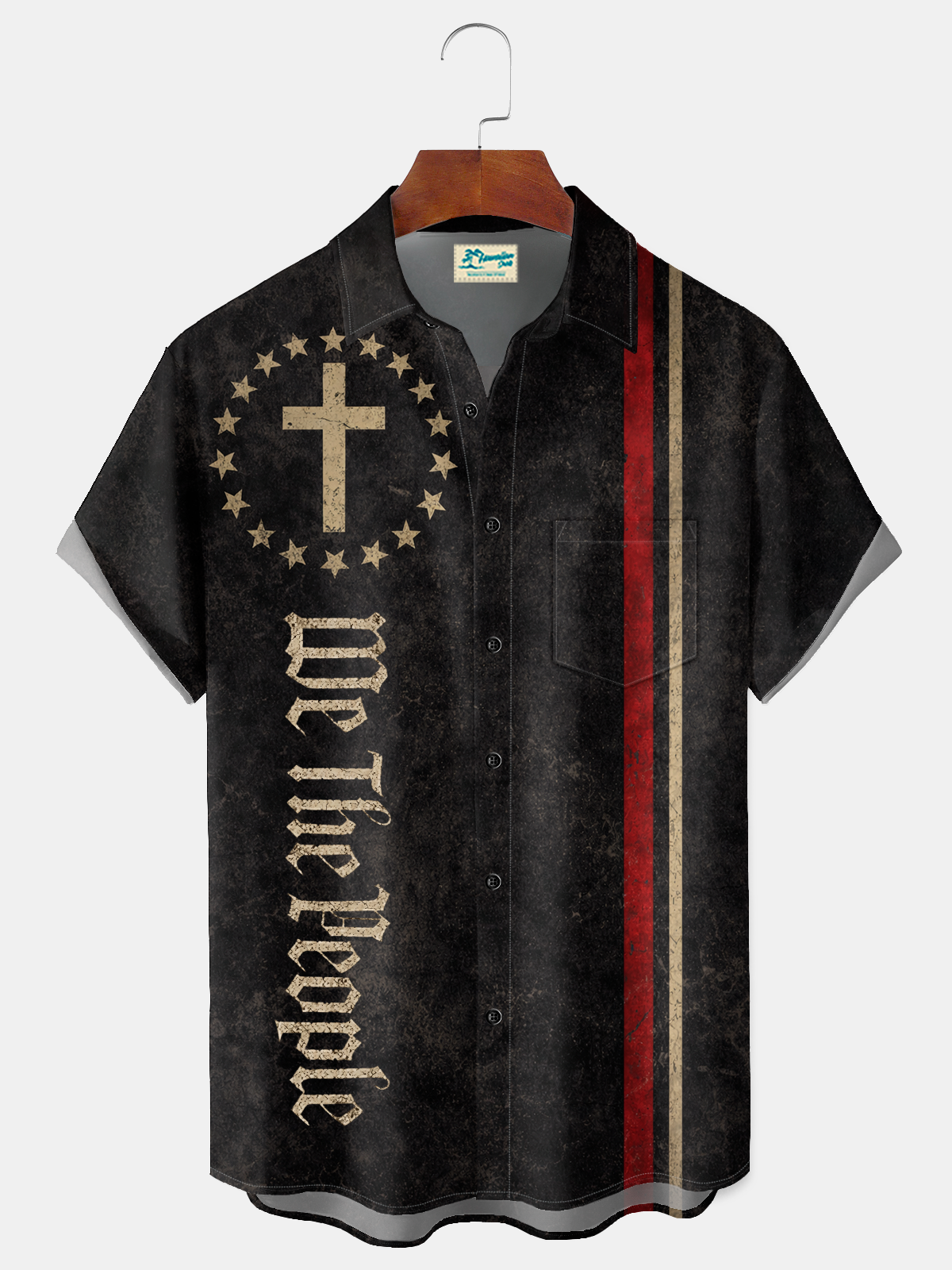 Alohadaddy® Men's Holiday Patriotic Cross We The People Christian Stars Stripes Grunge Retro Print Button Down Short-Sleeve Big & Tall