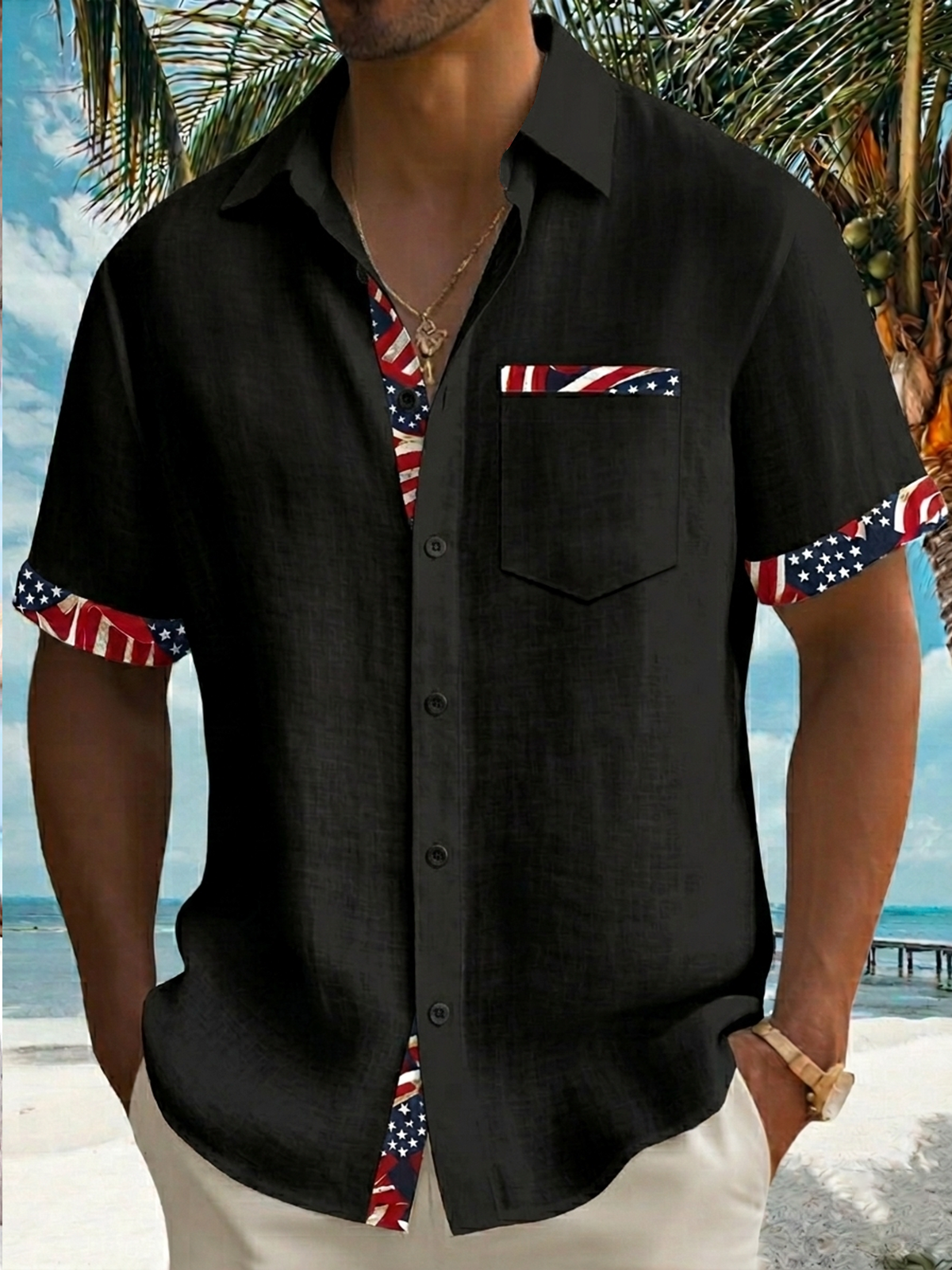 Alohadaddy® Men's Holiday Patriotic American Flag Stars Stripes Border Patchwork  Retro Print Button Down Short-Sleeve Big & Tall