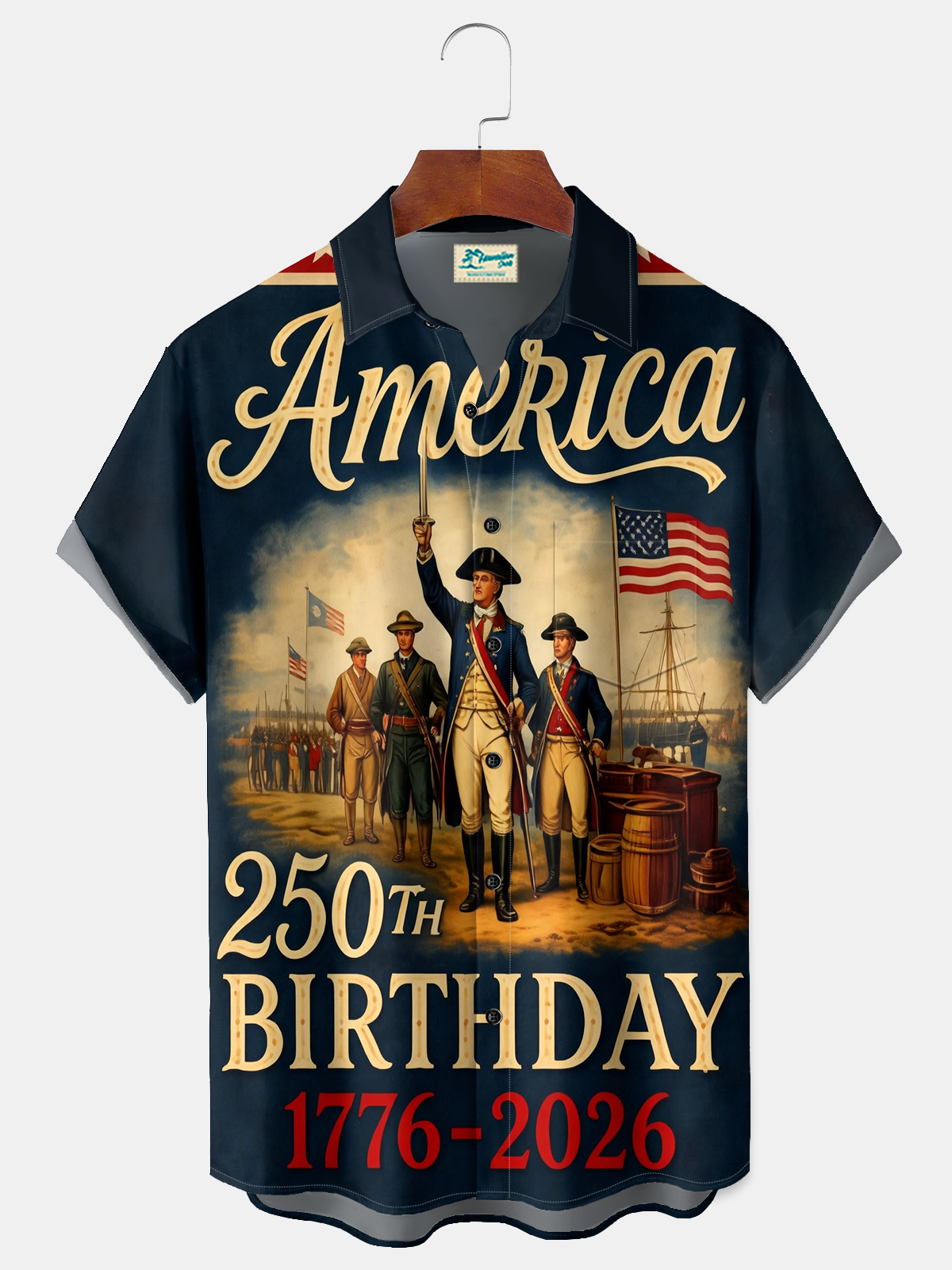 Alohadaddy® Men's Holiday America 250th Birthday 1776-2026 Revolutionary War Print Button Down Short-Sleeve Big & Tall