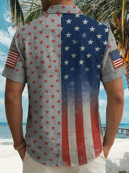 Alohadaddy® Men's Vintage 250th Anniversary Distressed Denim Eagle Shield Print Button Down Short-Sleeve Big & Tall