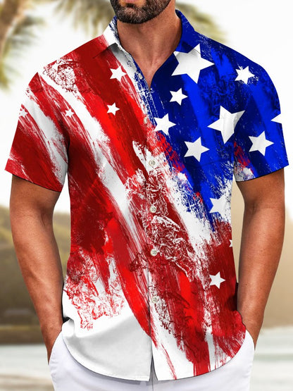 Alohadaddy Casual Collection American Flag Print Art Button Cardigan Pockets Elastic Oversized Short Sleeve Shirt