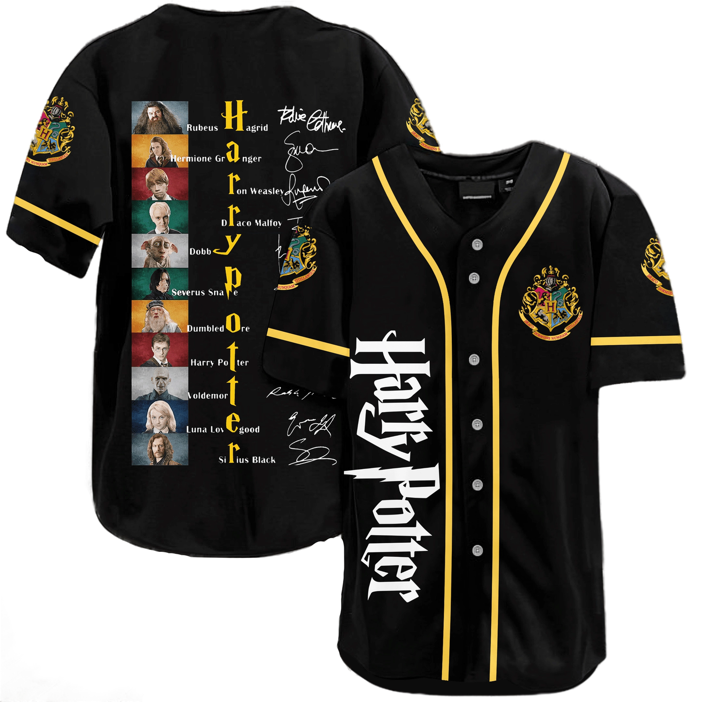 HP Jersey HP Characters Signatures Name Pictures Black Jersey Shirt HP Baseball Jersey