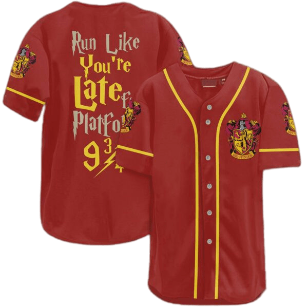 HP Jersey HP Gryffindor House Crest Run Like You're Late For Platform 9 3/4 Red Jersey Shirt HP Baseball Jersey