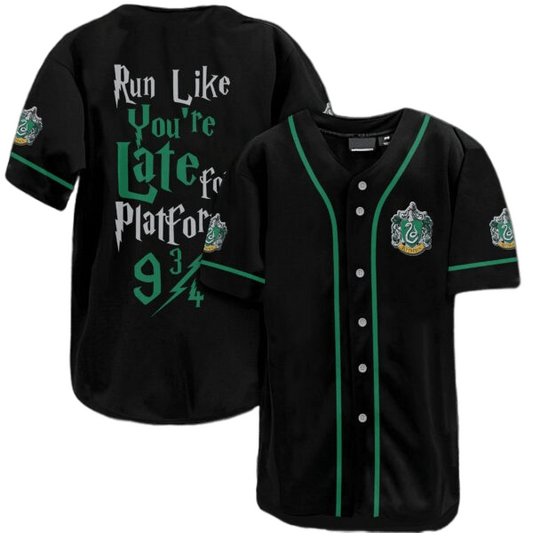 HP Jersey HP Slytherin Crest Run Like You're Late For Platform 9 3/4 Green Black Jersey Shirt HP Baseball Jersey