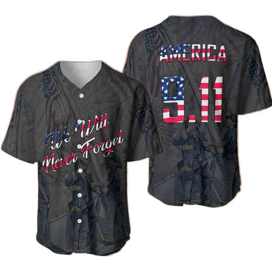 Patriot Day Jersey We Will Never Forget America 9-11 Grey Jersey Shirt For Men Women September 11th Baseball Jersey