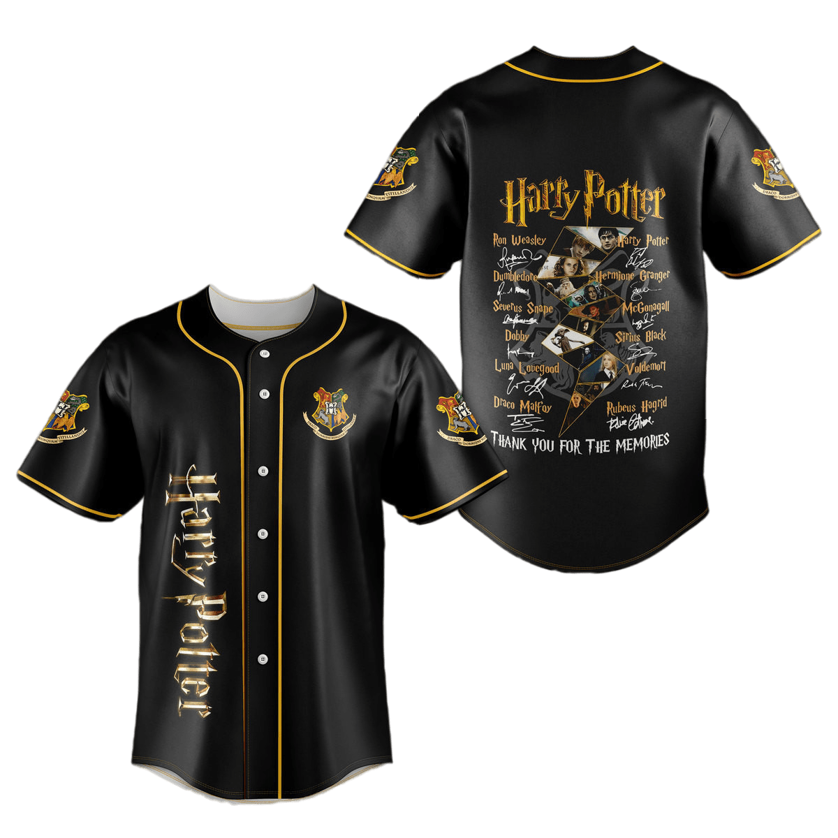 HP Jersey HP Characters Signatures Thank You For The Memories Black Jersey Shirt HP Baseball Jersey