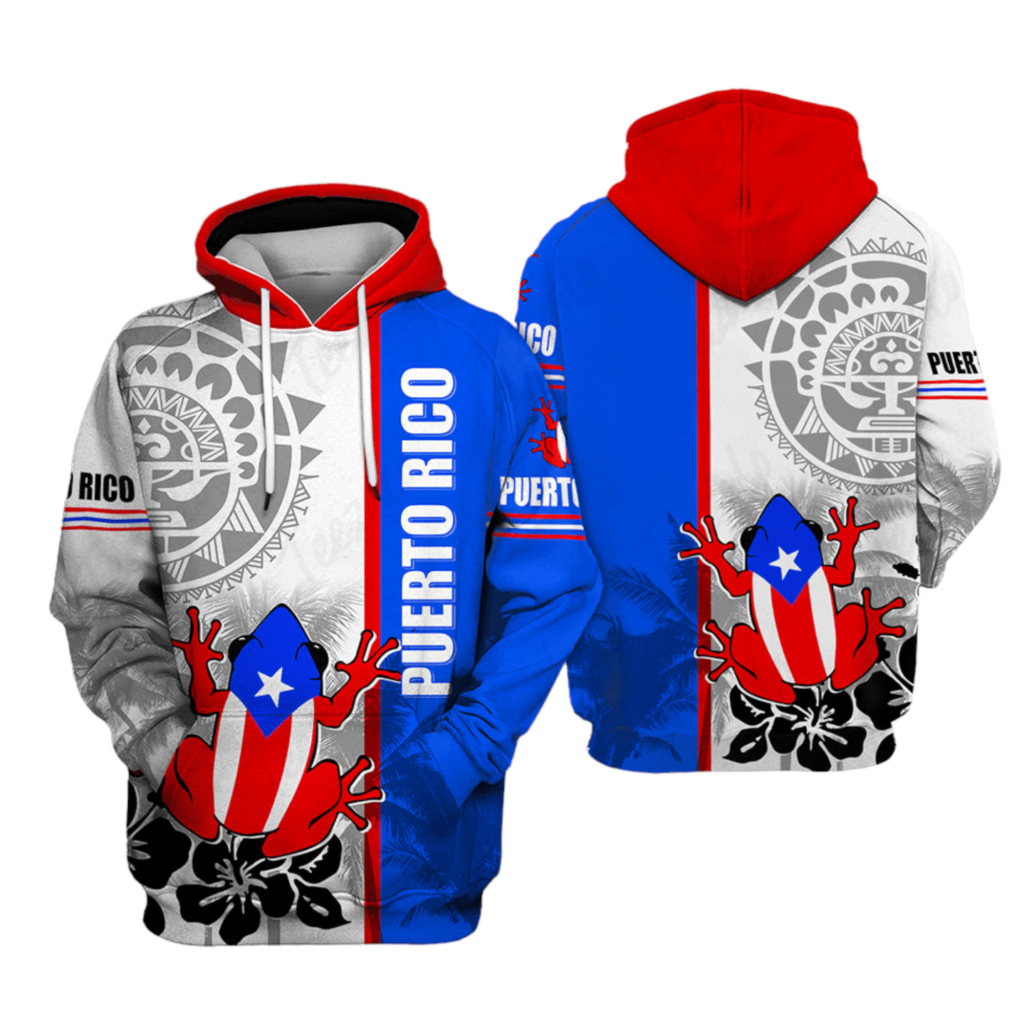 Puerto Rico Hoodie Puerto Rico Flag Frog Pattern Hoodie White Unisex