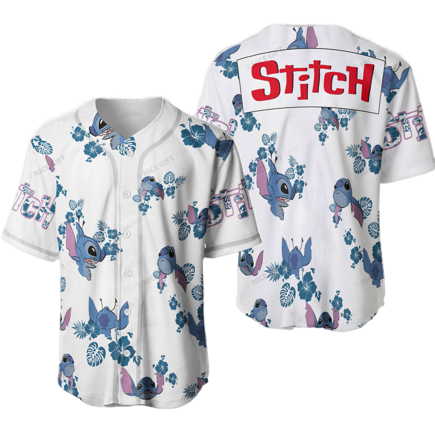 Stitch Jersey Disney Stitch Graphic Tropical Flowers Pattern Blue White Jersey Shirt Stitch Baseball Jersey Disney Baseball Jersey