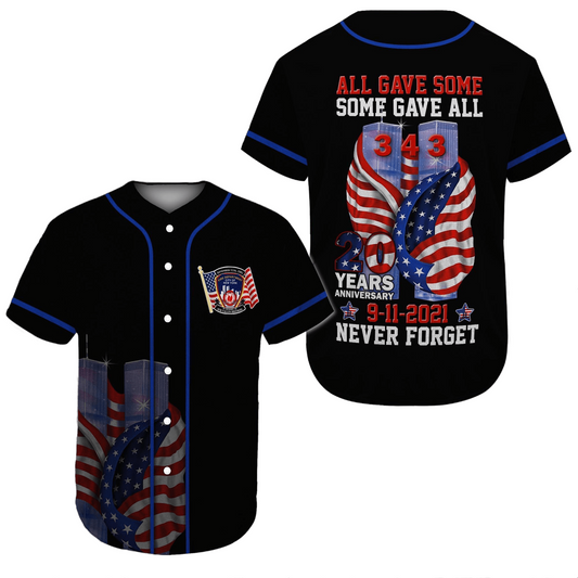 Patriot Day Jersey All Gave Some Some Gave All 343 Never Forget Black Jersey Shirt September 11th Baseball Jersey For Men Women