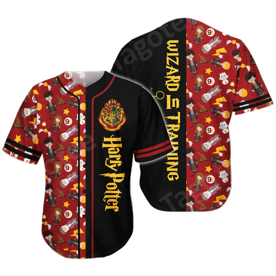 HP Jersey HP Wizard In Training Chibi Characters Pattern Red Black Jersey Shirt HP Baseball Jersey