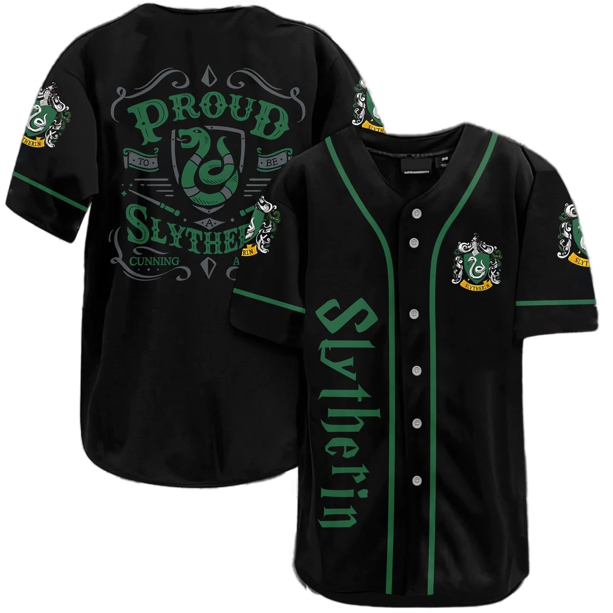 HP Jersey HP Proud To Be Slytherin Serpents Mascot Cunning Ambition Green Black Jersey Shirt HP Baseball Jersey