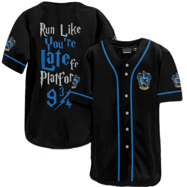 HP Jersey HP Ravenclaw Crest Run Like You're Late For Platform 9 3/4 Blue Black Jersey Shirt HP Baseball Jersey