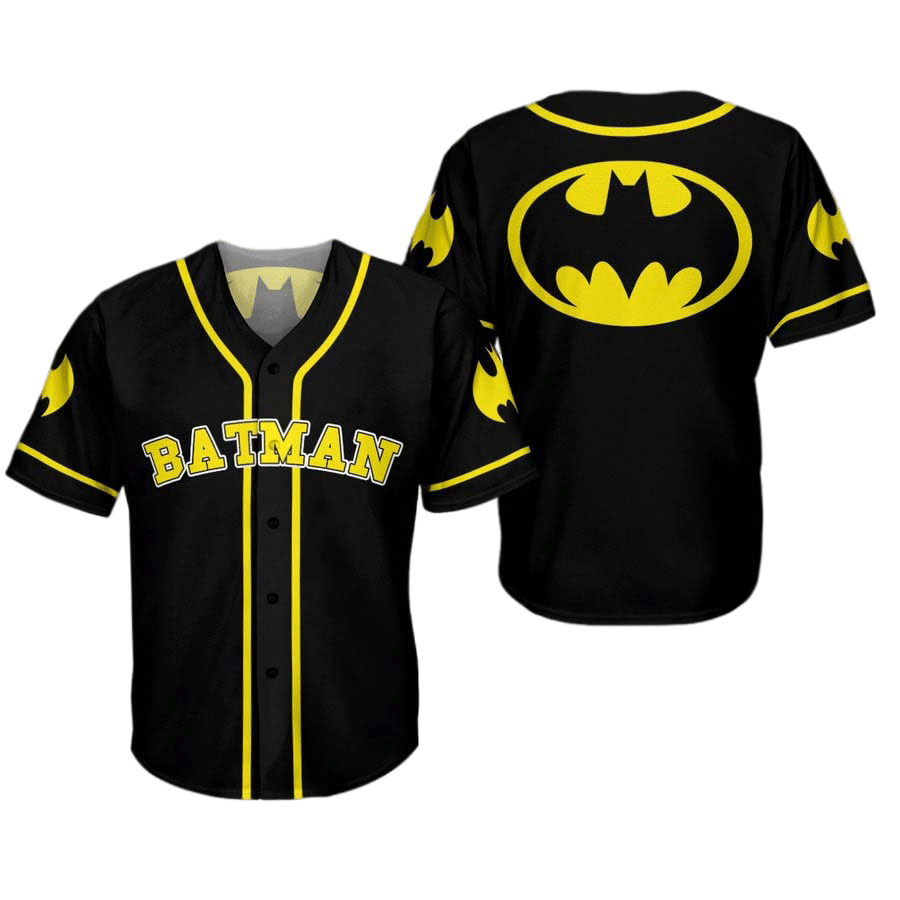 DC Jersey DC Batman Dark Knight Symbol Yellow Black Jersey Shirt DC Baseball Jersey Batman Baseball Jersey