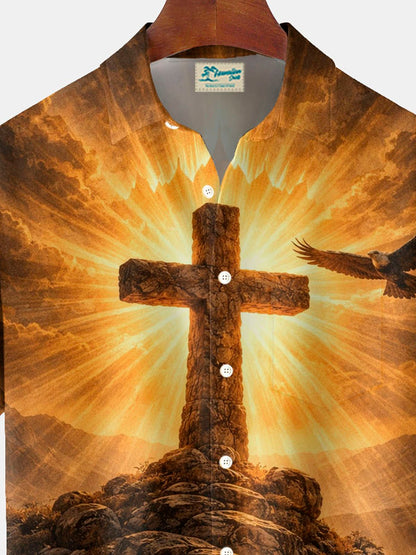 Alohadaddy® Easter Cross Print Men's Button-Down Short-Sleeve Shirt Big & Tall