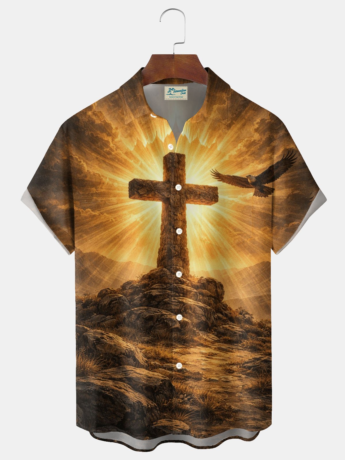 Alohadaddy® Easter Cross Print Men's Button-Down Short-Sleeve Shirt Big & Tall