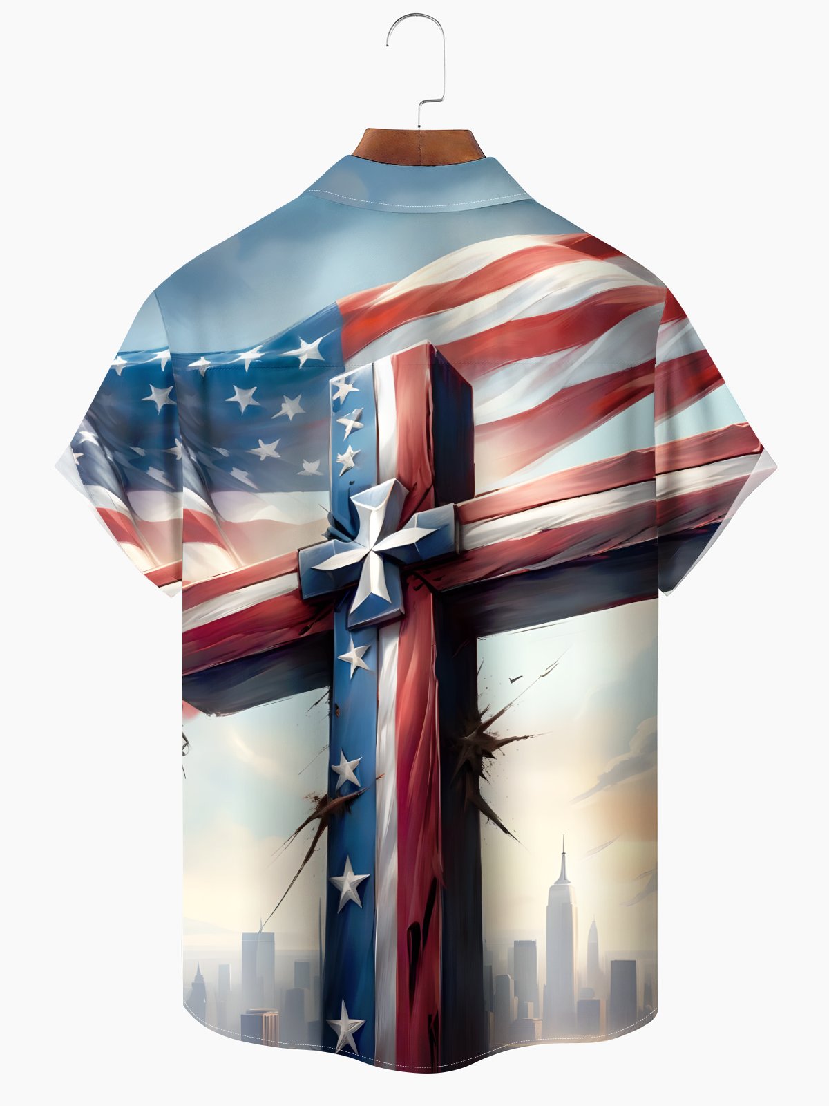 Alohadaddy Holiday Collection American Flag Cross Print Art Button Pocket Cardigan Stretch Oversized Short Sleeve Shirt