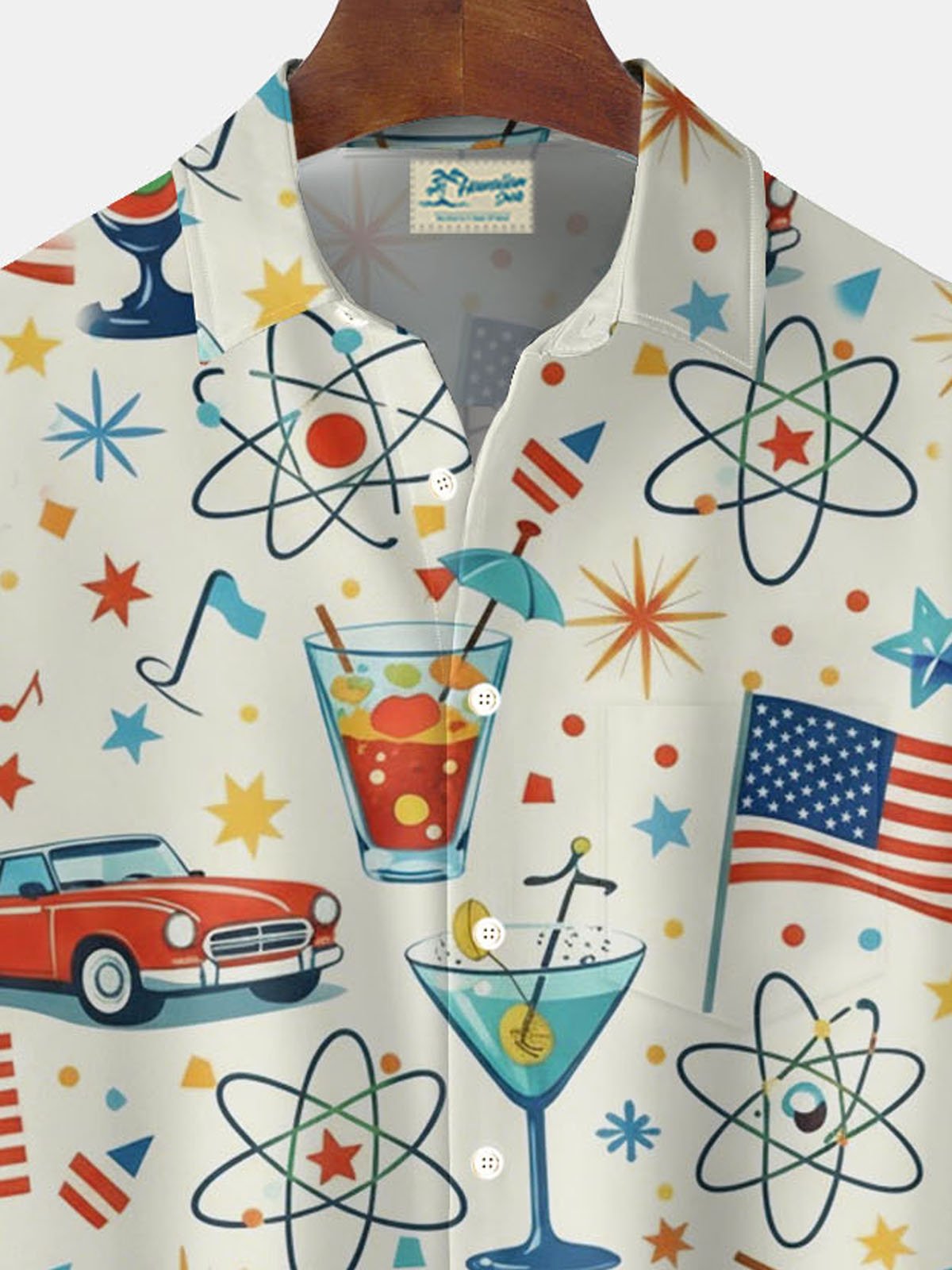 Alohadaddy® Hawaiian Retro Geometric Atomic Car Cocktail Print Men's Button-Down Short-Sleeve Shirt Big & Tall