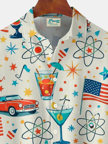 Alohadaddy® Hawaiian Retro Geometric Atomic Car Cocktail Print Men's Button-Down Short-Sleeve Shirt Big & Tall