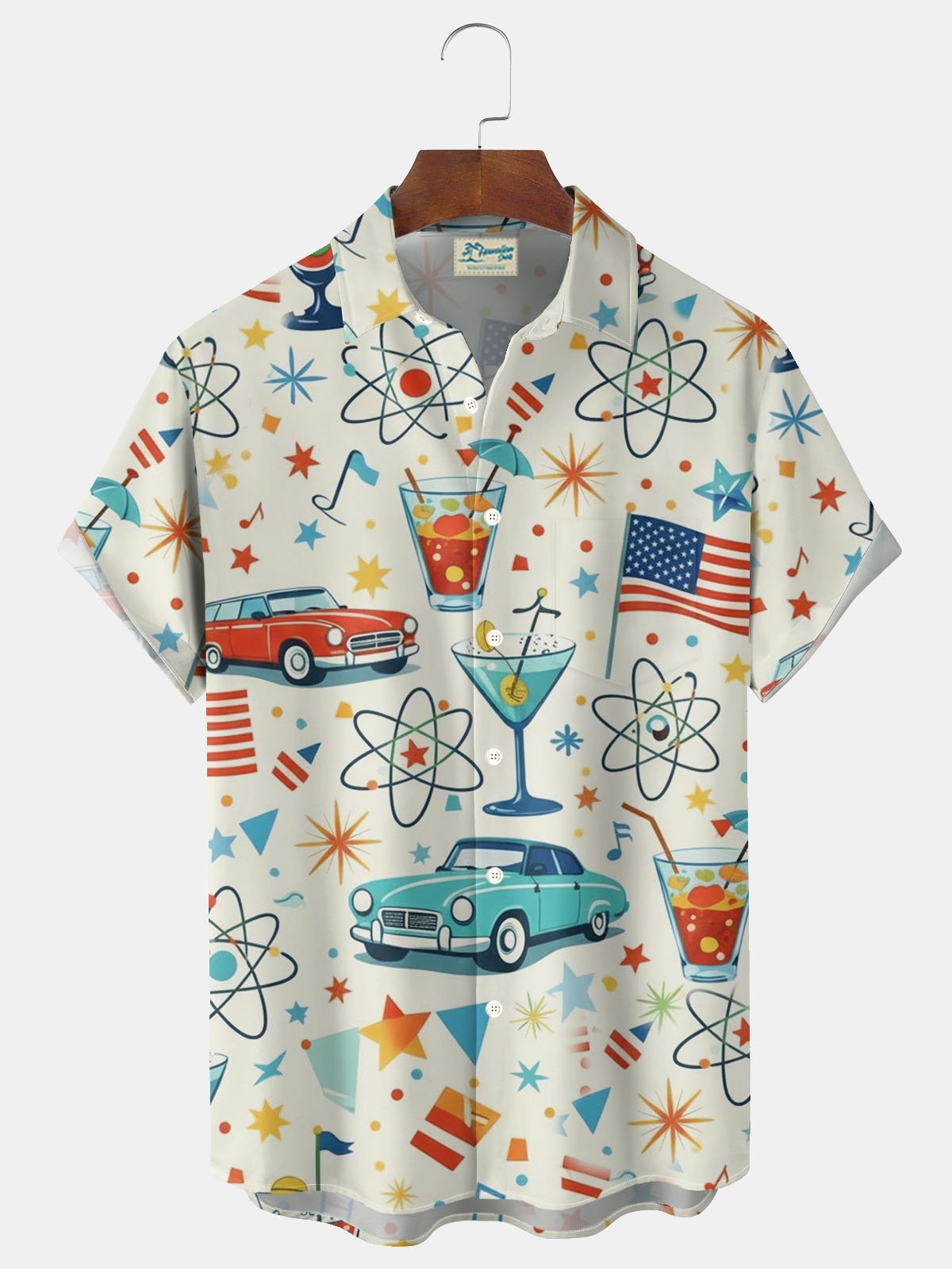 Alohadaddy® Hawaiian Retro Geometric Atomic Car Cocktail Print Men's Button-Down Short-Sleeve Shirt Big & Tall