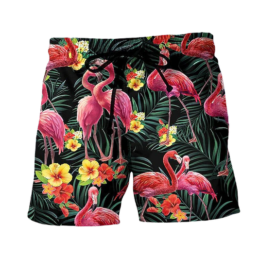 Flamingo Shorts Flamingo Couple Tropical Leaf Pattern Beach Shorts Pink Green