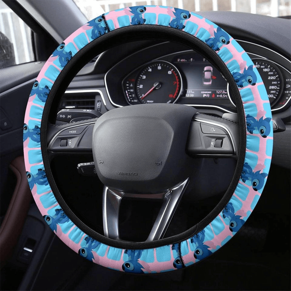 Stitch Steering Wheel Cover Cute Stitch Sitting Pattern Driving Wheel Cover Blue Pink