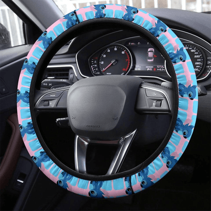 Stitch Steering Wheel Cover Cute Stitch Sitting Pattern Driving Wheel Cover Blue Pink