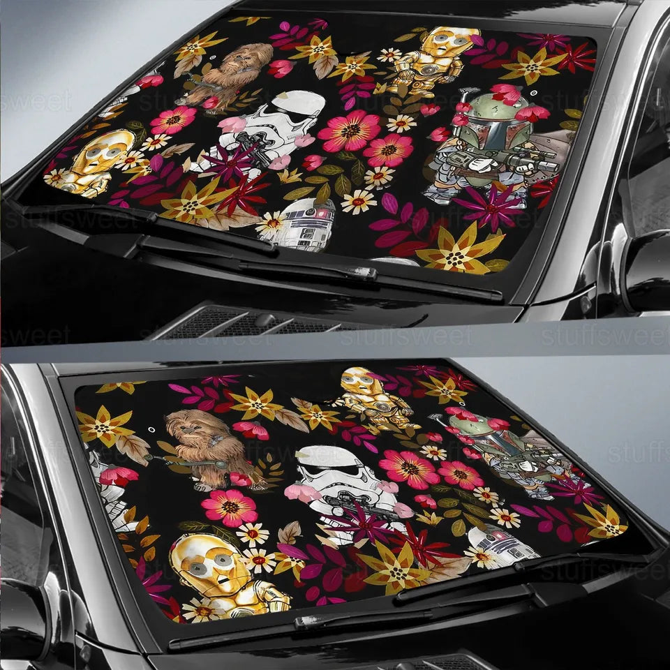 SW Car Sun Shade Stormtrooper Chewbacca Droids Flower Pattern Winshield Sun Shade Red