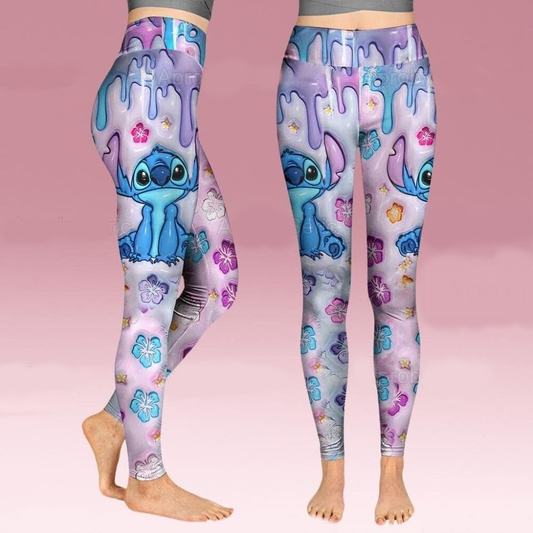 Stitch Leggings Inflated Sitting Stitch Flower Pattern High Waisted Legging Blue Pink For Women